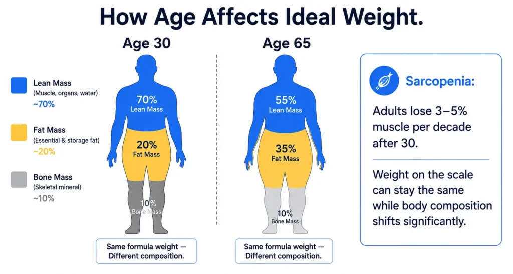 Infographic comparing body composition at age 30 versus age 65 at the same ideal weight,
showing increased fat mass and decreased lean muscle due to sarcopenia over time