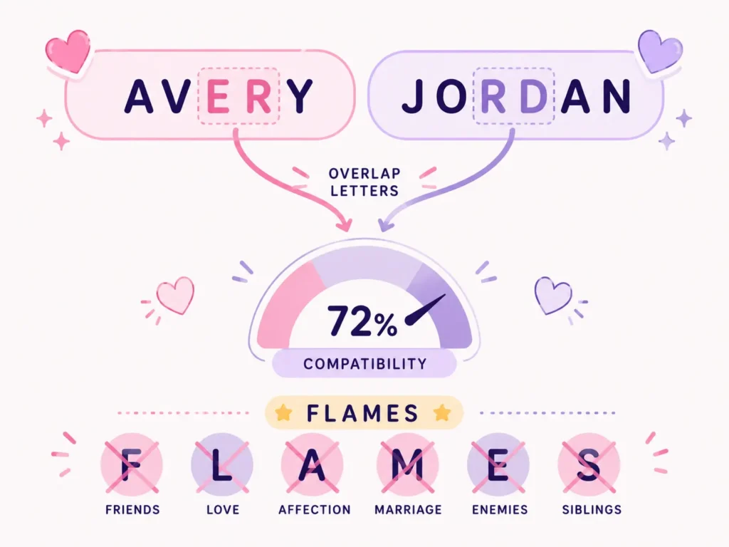  how the crush calculator calculates a compatibility score using shared letters and FLAMES