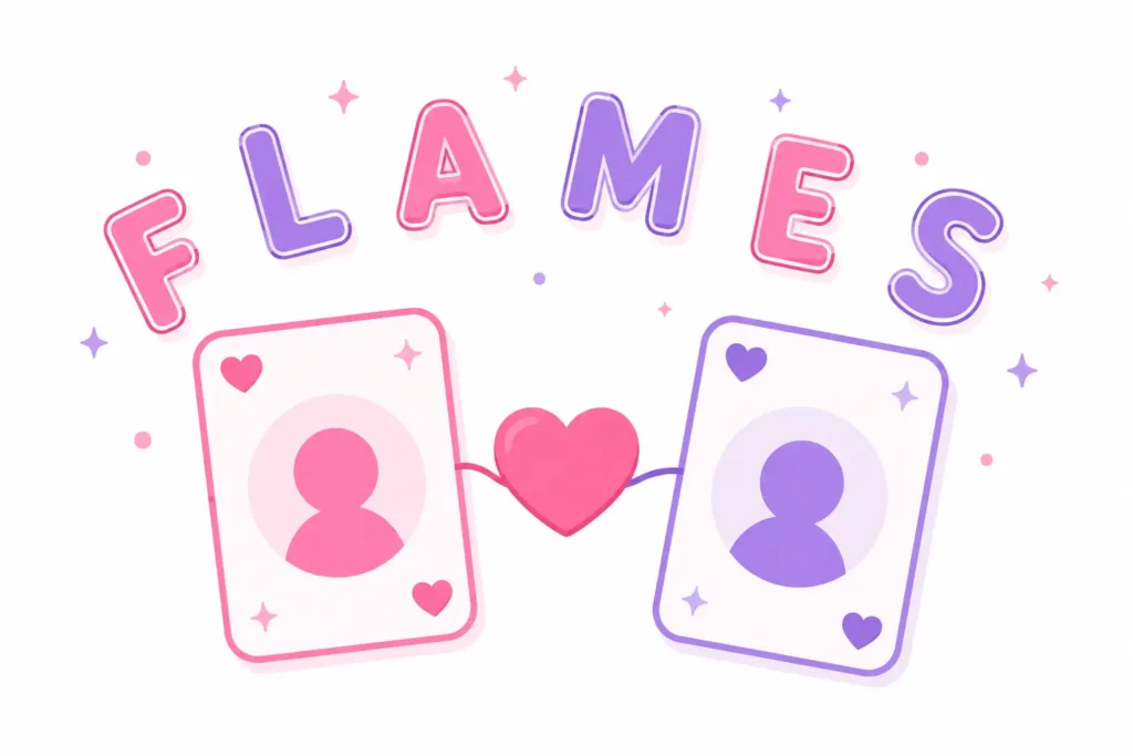 FLAMES calculator illustration showing two names connected by a heart with the letters F L A M E S