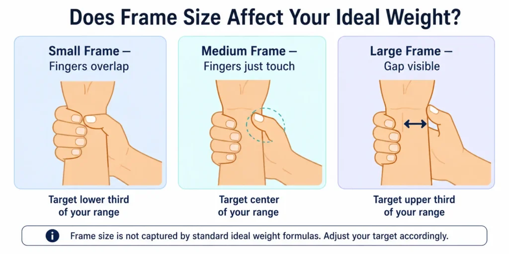 Instructional infographic showing three wrist-grip tests to determine body frame size — small,
medium, and large — and how each frame size affects where within the ideal weight range you should aim