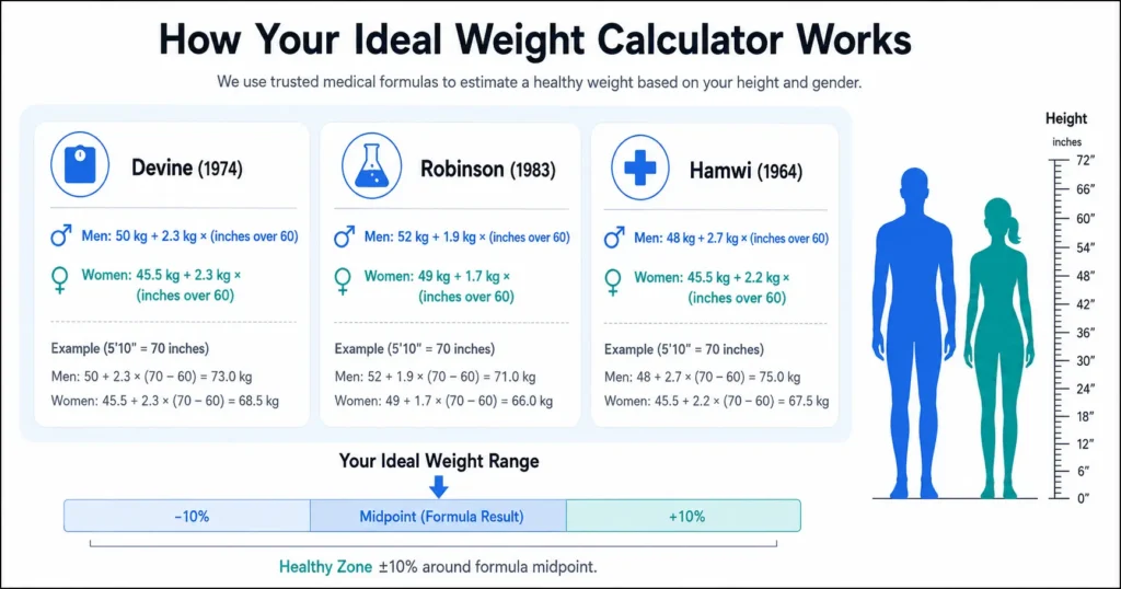 Infographic showing how the ideal weight calculator uses three clinical formulas — Devine,
Robinson, and Hamwi — to produce a healthy weight range for men and women based on height