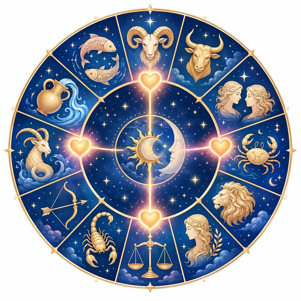 Zodiac wheel showing the 12 astrological signs used in the zodiac love compatibility calculator