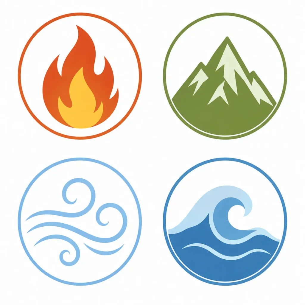 The four astrological elements — Fire, Earth, Air, and Water — used to calculate zodiac sign love match scores