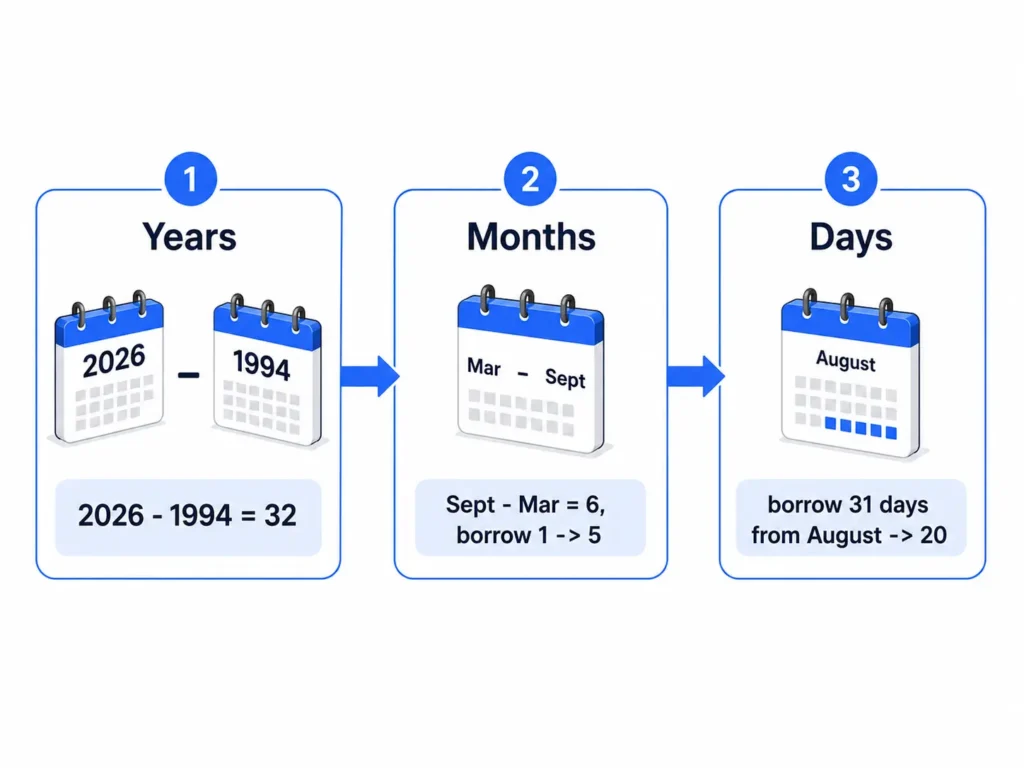 Age calculator by date formula showing the years, months, and days borrowing steps
