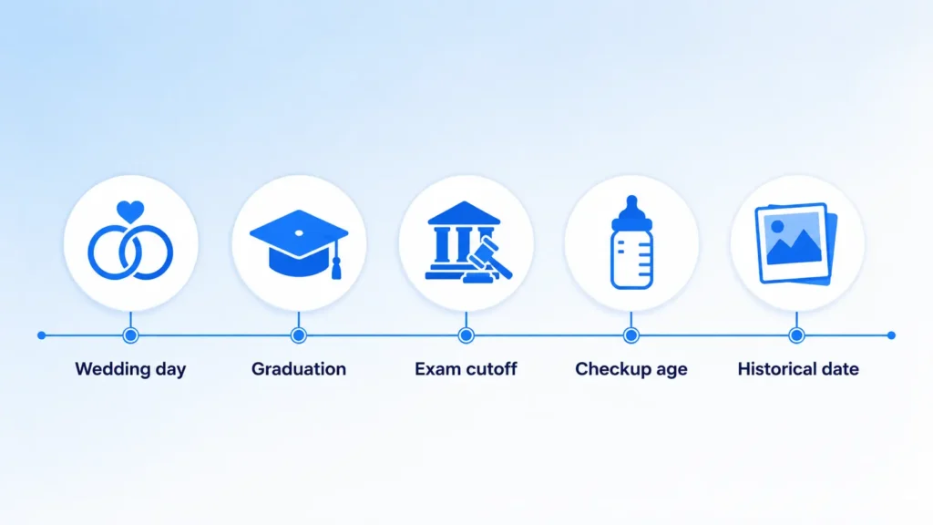 Age on date calculator life milestone use cases including weddings and exam cutoffs
