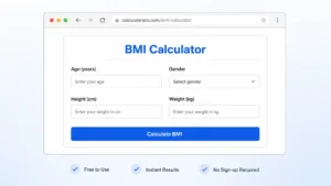 BMI Calculator tool showing height, weight inputs and instant body mass index result