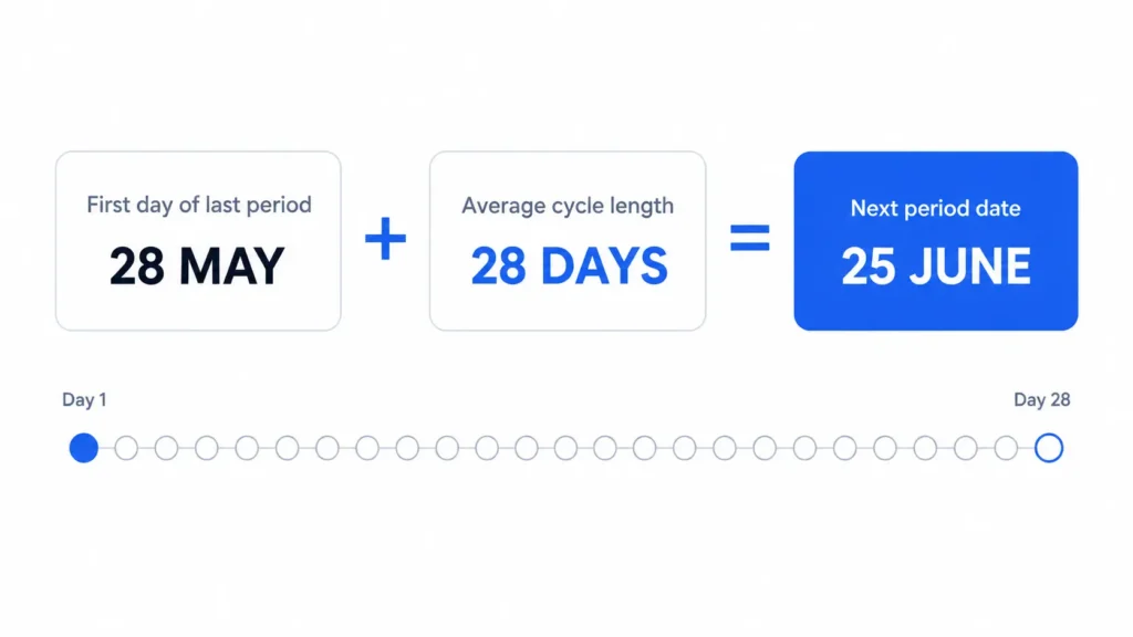 Formula diagram: 28 May plus a 28-day cycle gives a 25 June next period date
