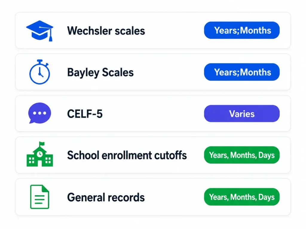 Chart comparing which manuals need the chronological age calculator years;months format