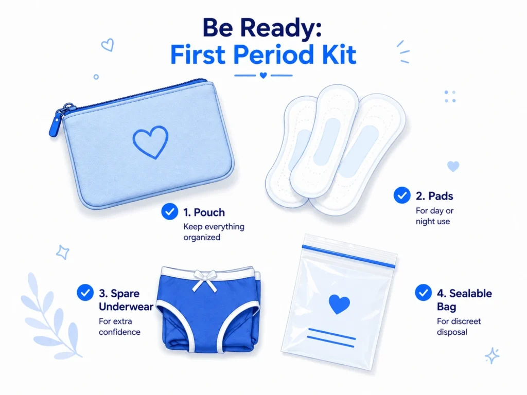 First period kit checklist for teens with pads, spare underwear and a small pouch
