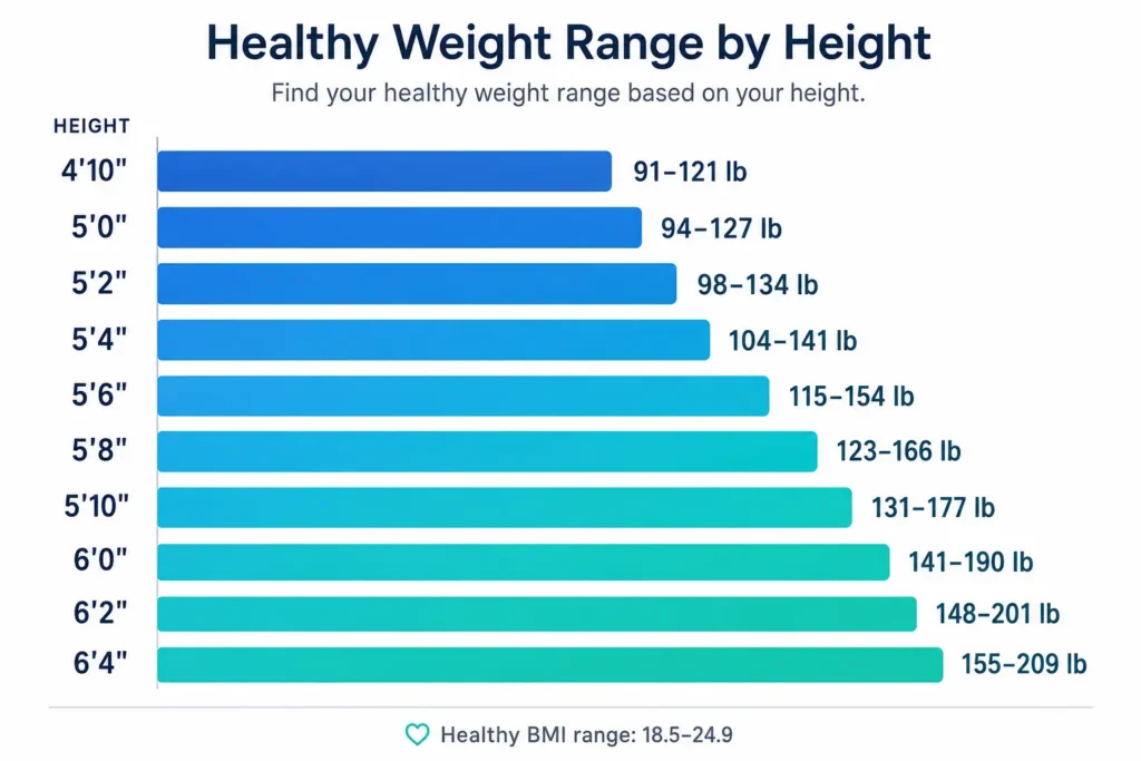 Healthy weight range chart showing BMI-based weight brackets in pounds for adult heights from 4 foot 10 to 6 foot 4