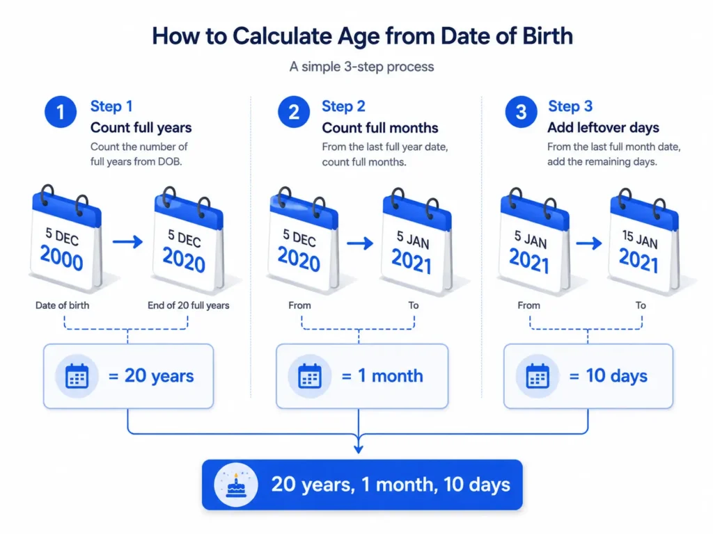 Three-step diagram showing how to calculate age from a date of birth by years, months, and days
