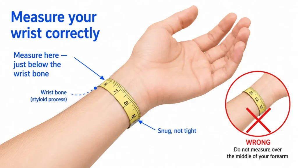 How to measure wrist circumference for a body frame size calculator: tape measure wrapped just below the wrist bone on the pinky side