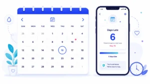 Late period calculator showing days late and next expected period on a calendar
