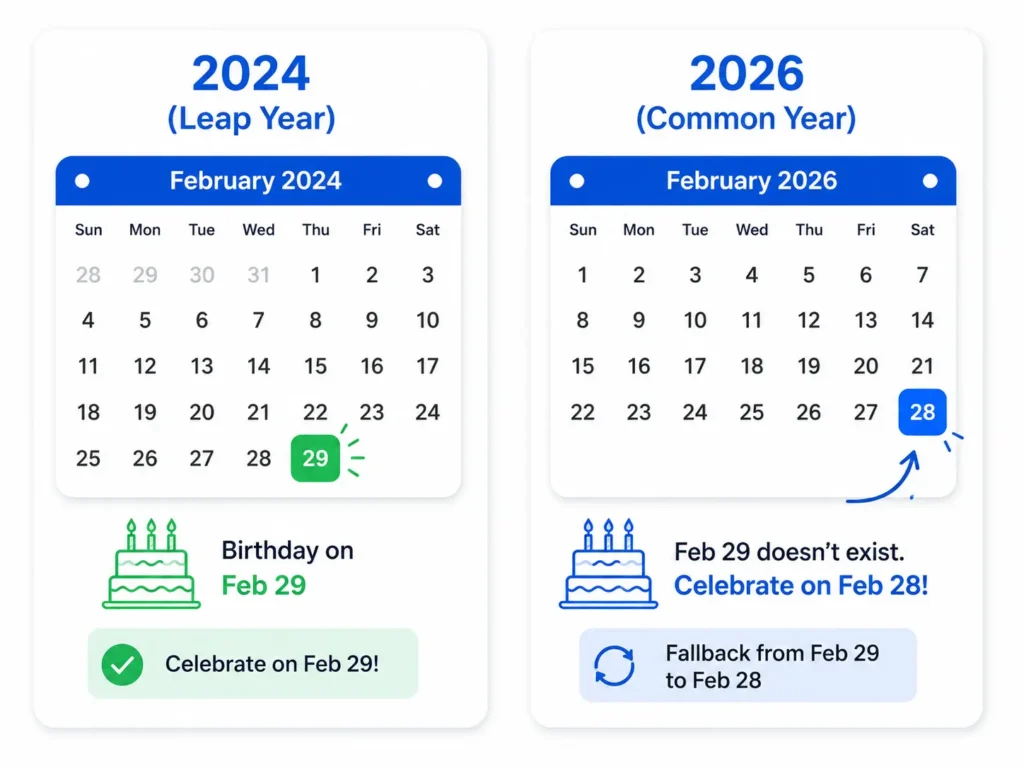 Chart showing how a February 29 birthday falls back to February 28 in a common year
