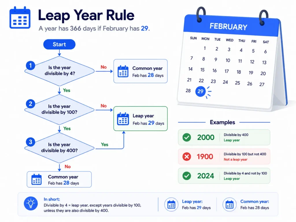Leap-year rule flowchart explaining February 29 birthdays for age calculation
