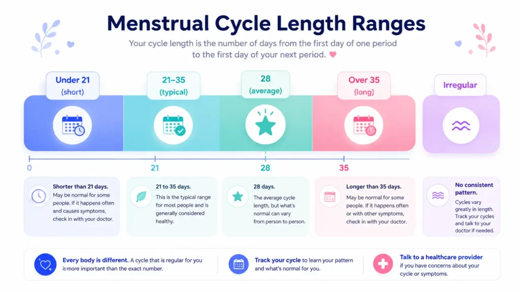 Infographic of menstrual cycle length ranges from short to typical to irregular.
