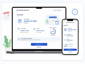 Pregnancy calculator results screen mockup showing an estimated due date, current week and day, and trimester on laptop and phone