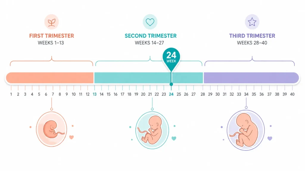 Pregnancy calculator timeline chart showing all 40 weeks divided into first, second, and third trimester segments with a current-week marker