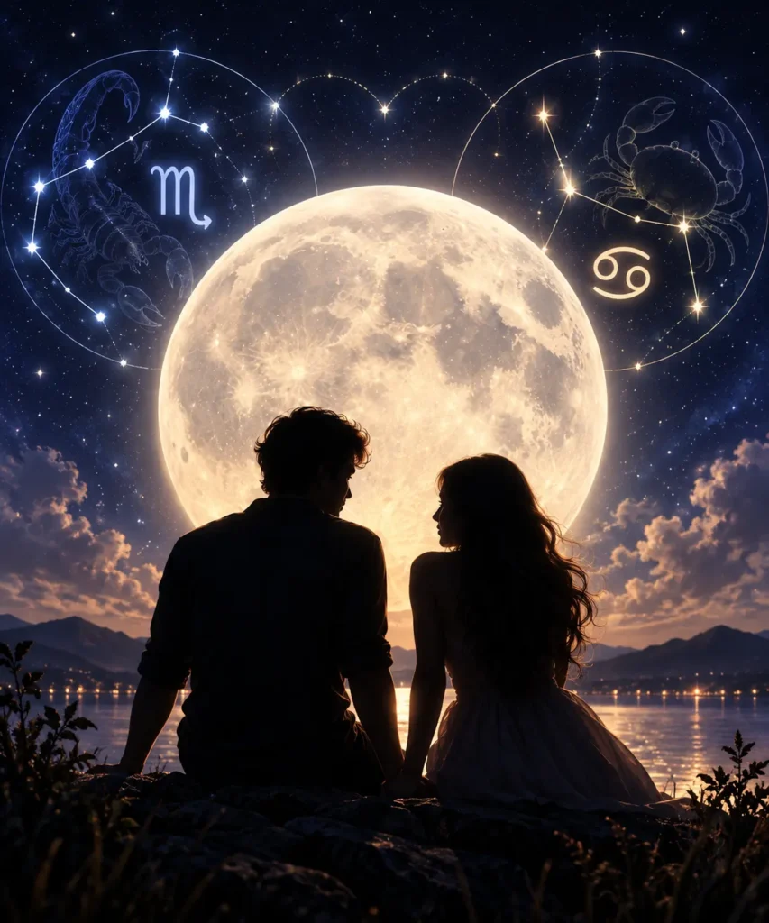 Illustration of a Full Moon phase paired with Scorpio zodiac moon sign compatibility example