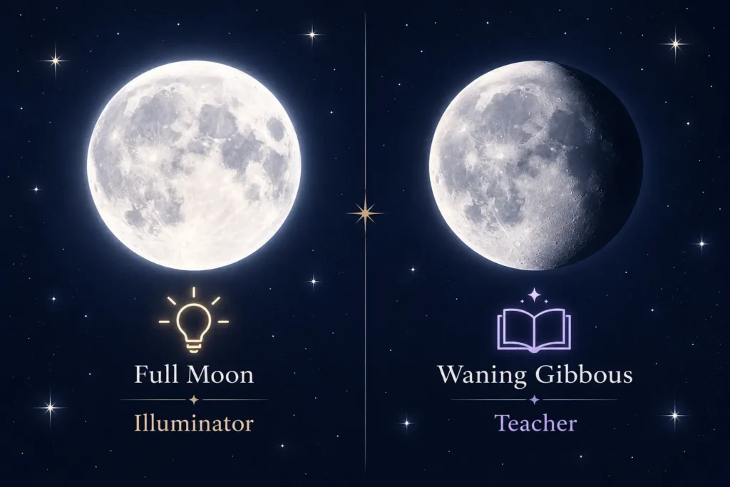 Side-by-side illustration comparing Full Moon Illuminator and Waning Gibbous Teacher personality traits