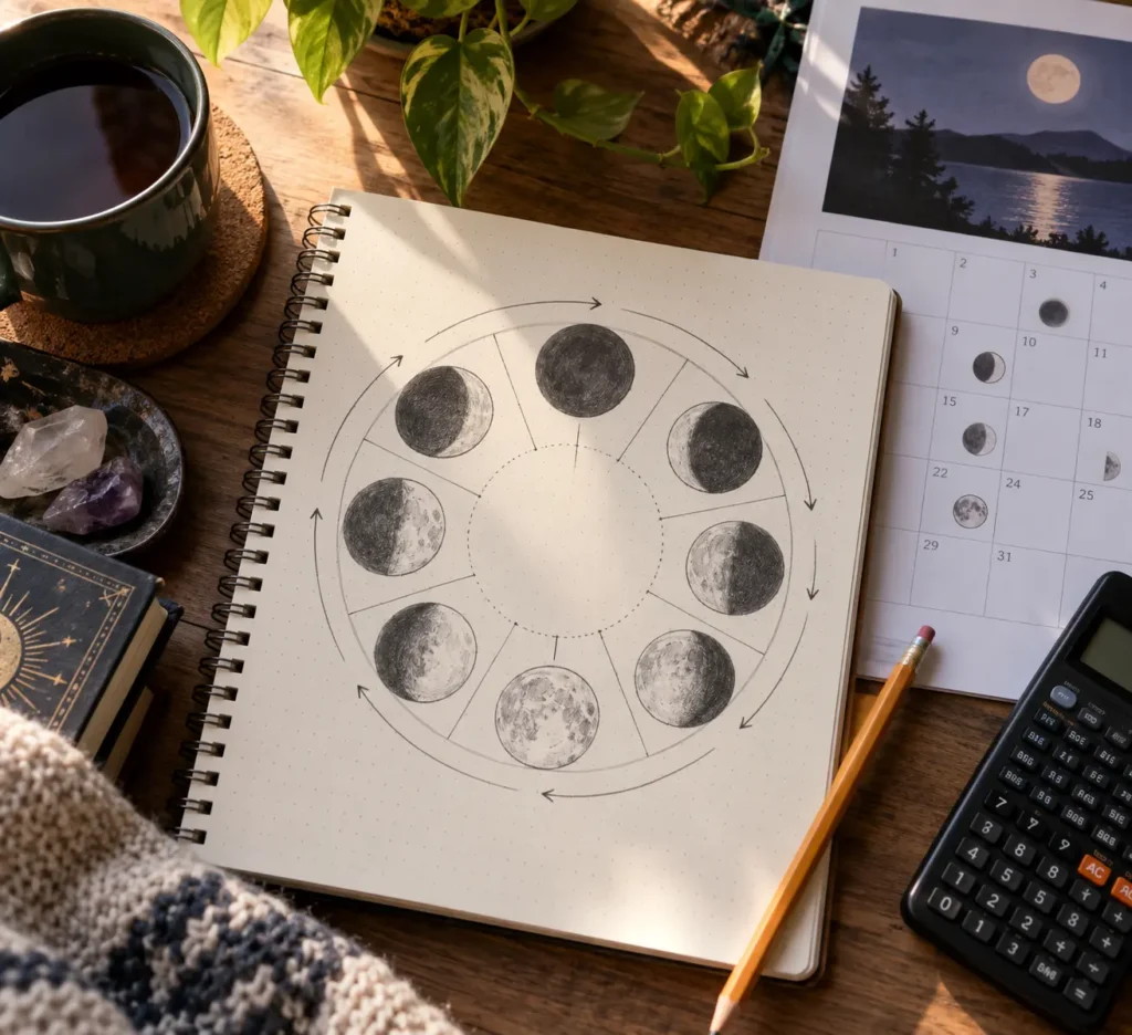 Hand-drawn lunar cycle diagram illustrating how to calculate moon age by hand