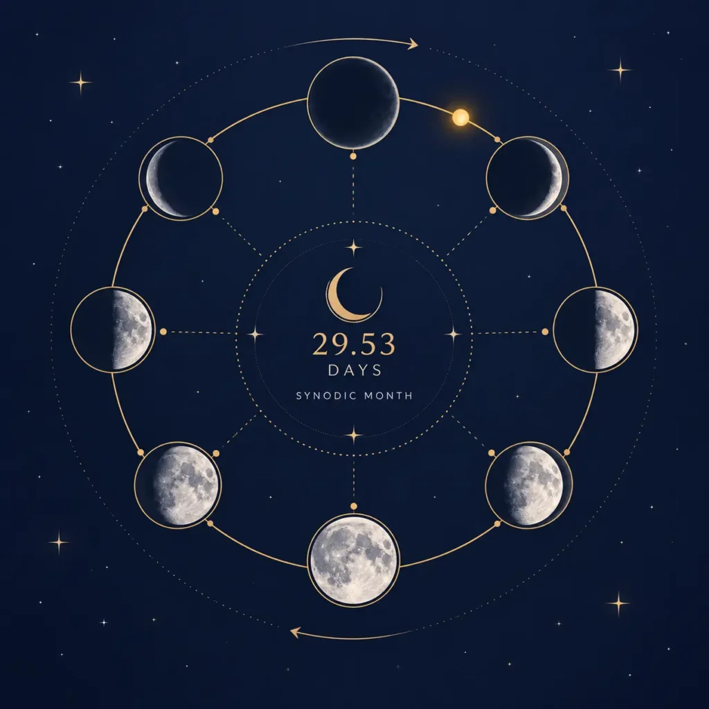 Diagram of the 29.53-day synodic month cycle used in the moon age calculation formula