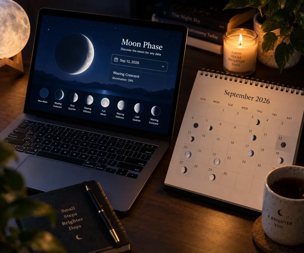 Laptop showing a moon phase calculator interface next to a calendar marked with new moon and full moon dates