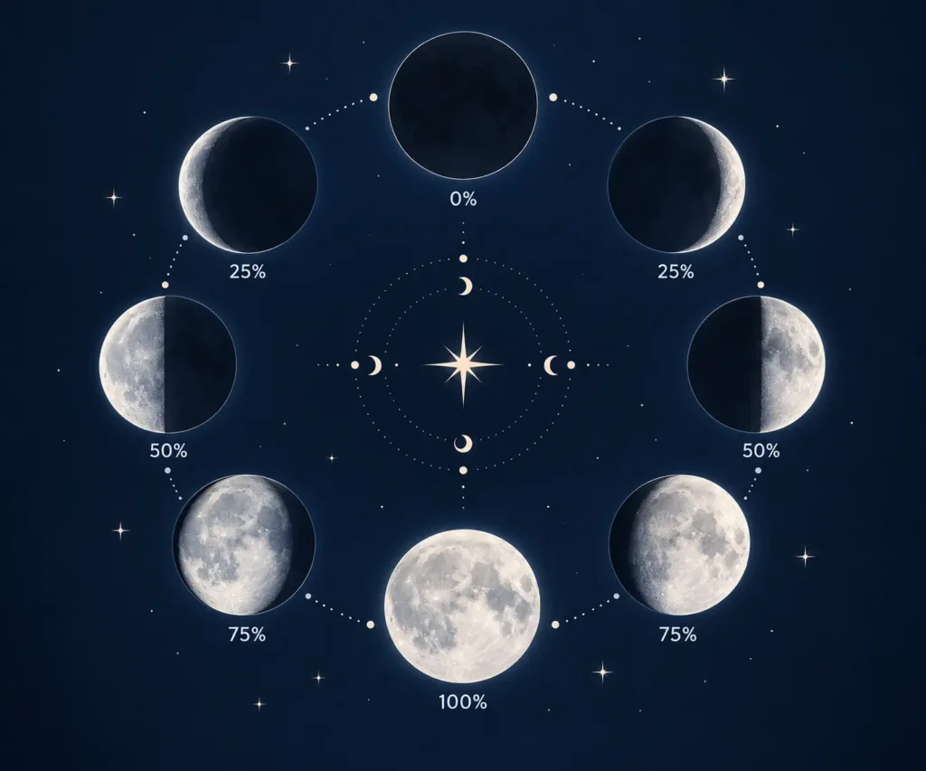 Wheel diagram of all eight moon phases used by the moon phase calculator, each labeled with its illumination percentage
