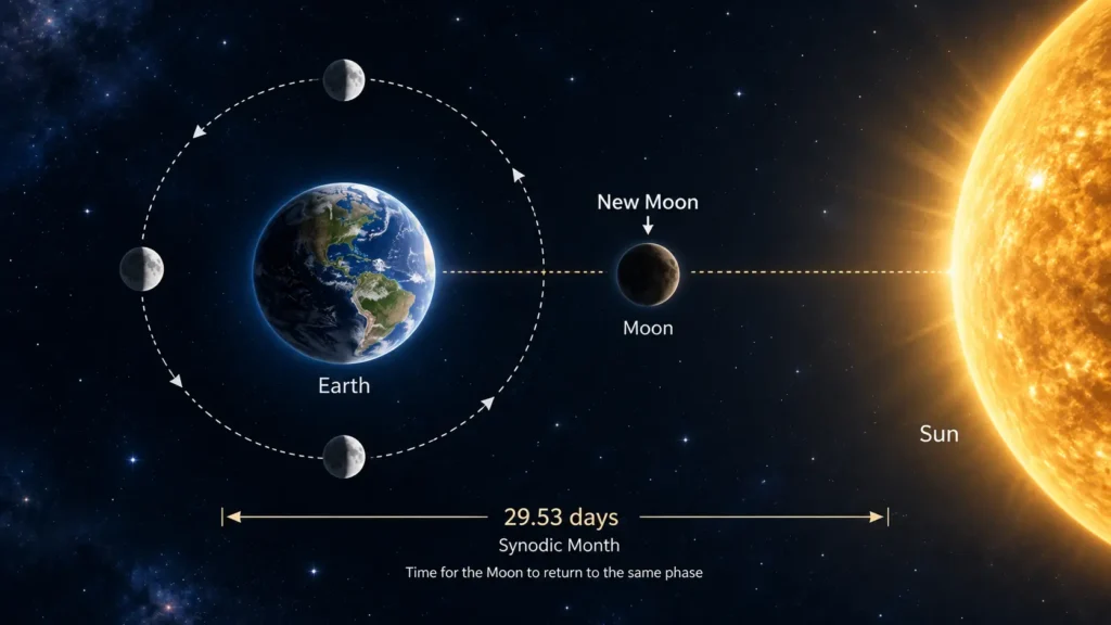 Diagram of the Earth-Moon-Sun alignment showing how a moon phase calculator measures the 29.53-day synodic month