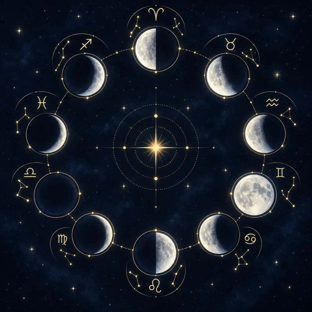 Illustration mapping moon phase compatibility by zodiac sign, showing all eight lunar phases paired with zodiac sign symbols