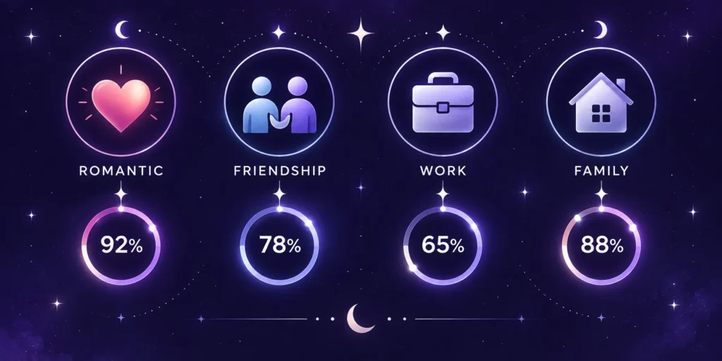 Infographic showing the four relationship types scored by the moon phase compatibility calculator: romantic, friendship, work, and family