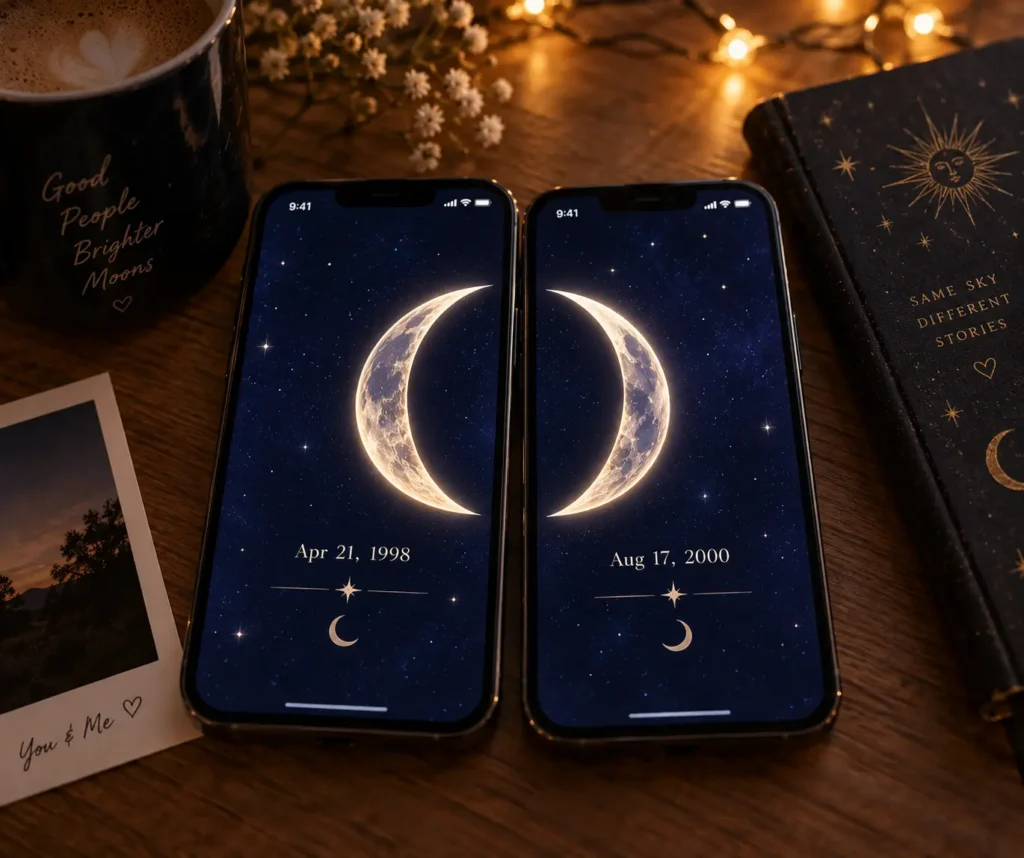 Two phones displaying different moon phases side by side, showing the viral moon phase compatibility calculator illumination match