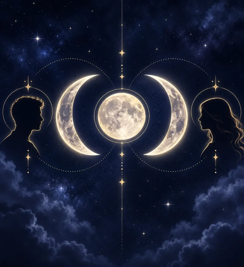 Two crescent moon phases combining into a full circle, illustrating how the moon phase compatibility calculator scores two birth dates
