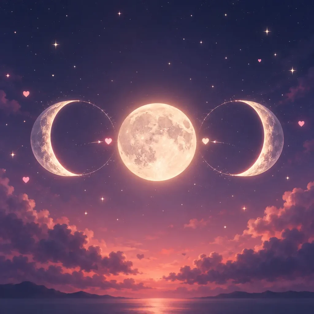 Two crescent moon phases combining into a full circle, illustrating the moon phase soulmate illumination percentage match