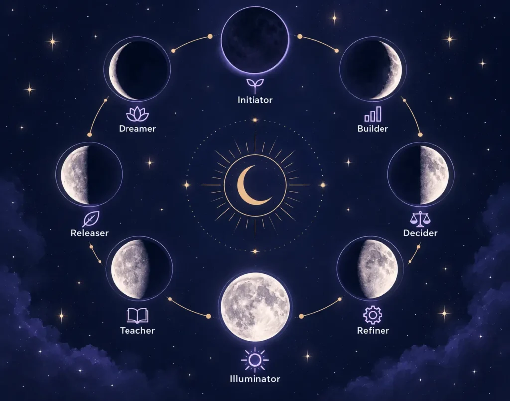 Wheel diagram of the eight lunar personality archetypes used to answer what moon phase am I based on birth date